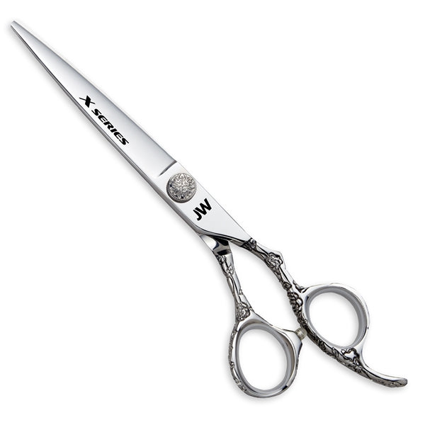 JW X Series Right Handed Shears by JW Shears with ornate offset handle design.