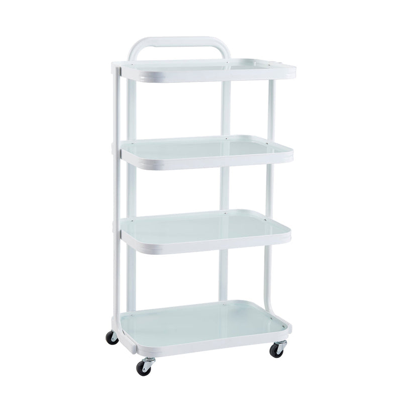 DIR Beauty Cart White: four-tier, wheeled salon/spa storage cart with handle.