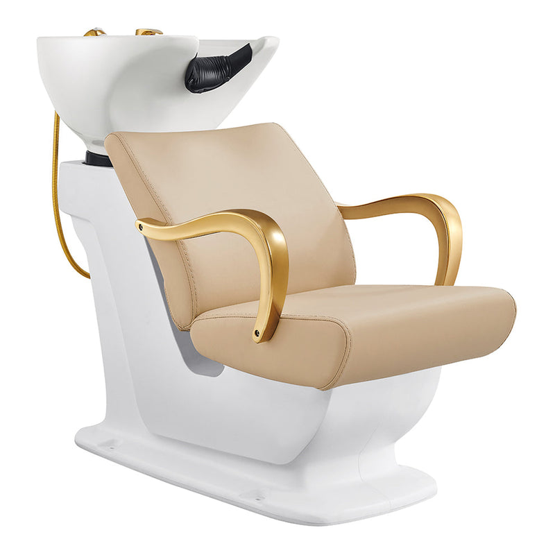 Beckman Gold Salon Shampoo Unit with Adjustable Seat Beige DIR with white sink