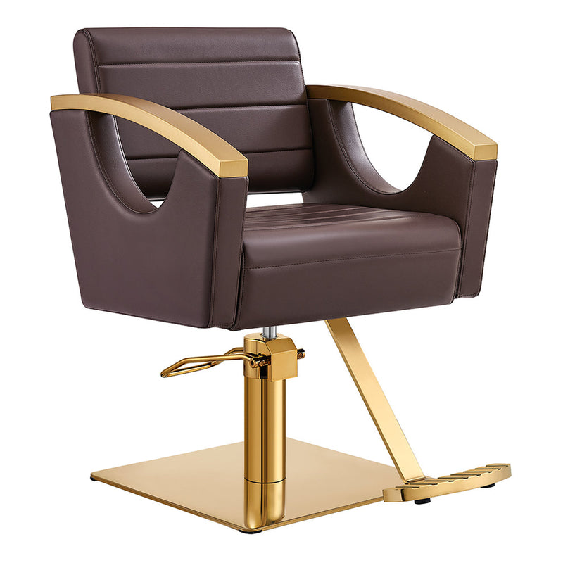 DIR Bello Gold Classic Salon Chair Brown with armrests, square base, and DIR footrest.