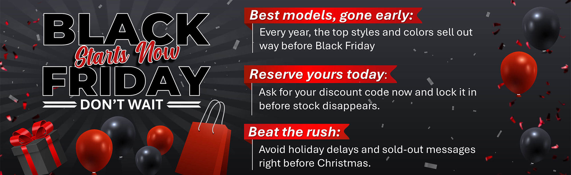 Black Friday promotional banner with shopping bags, balloons, and a gift box on a dark background.