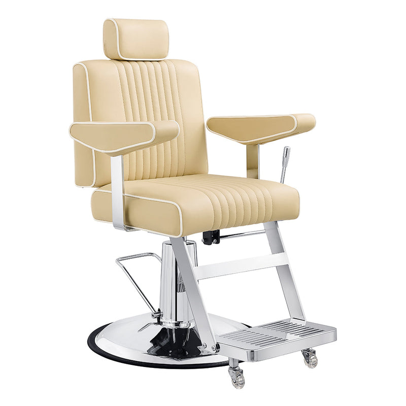 Beige barber chair with chrome base on a white background