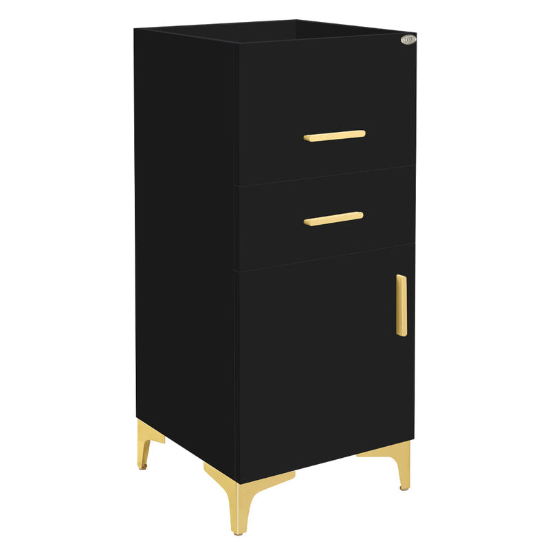 Black cabinet with gold legs and handles on a white background