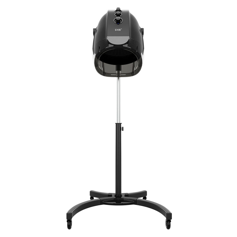 Black hair dryer on a stand with 'Dir' branding on a white background