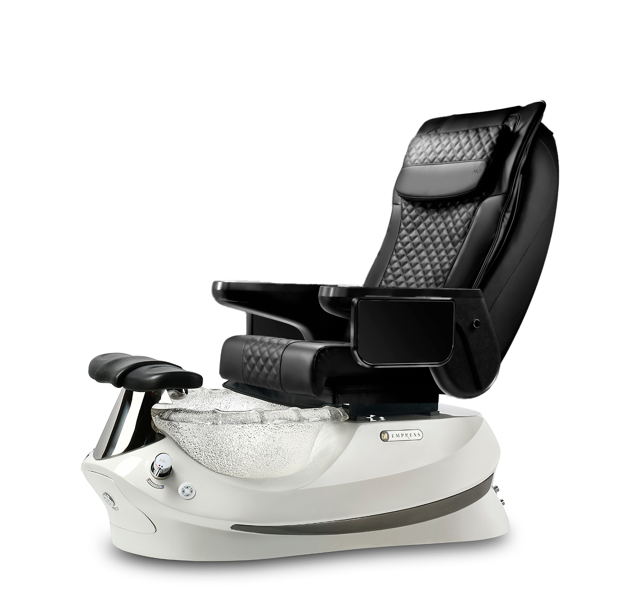 Pedicure chair with a white base and black seat on a white background
