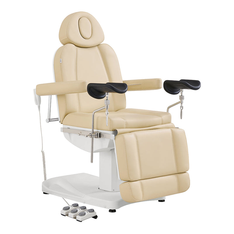 Beige Ink OB 3-Motors Gyno Chair with Stirrups Beige DIR with armrests and footrest on a white background