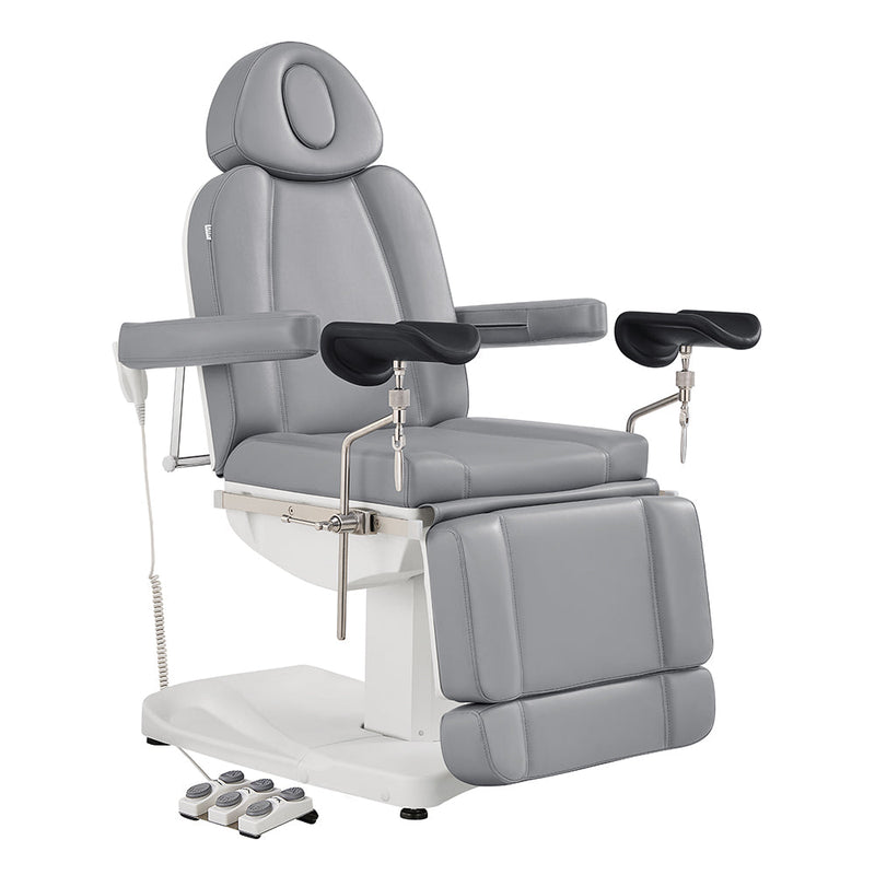 Ink OB 3-Motors Gyno Chair with Stirrups Gray DIR armrests and foot pedals on a white background