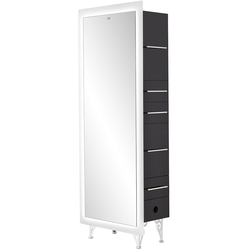 Tall white cabinet with black drawers on a white background