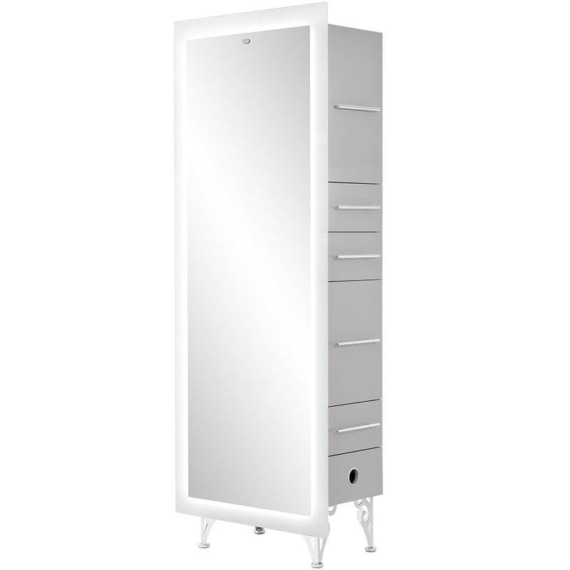 White and gray cabinet with multiple shelves on a white background