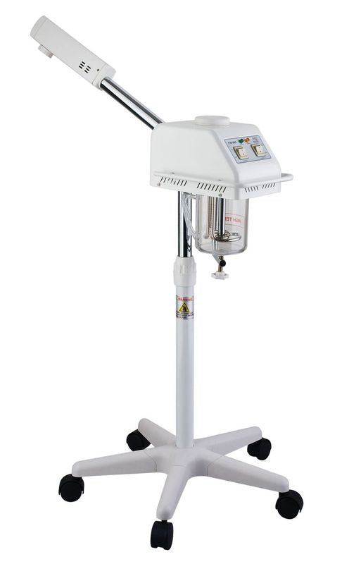 Silverfox America FM-601 Steamer: white facial steamer with ozone on wheels for skincare.