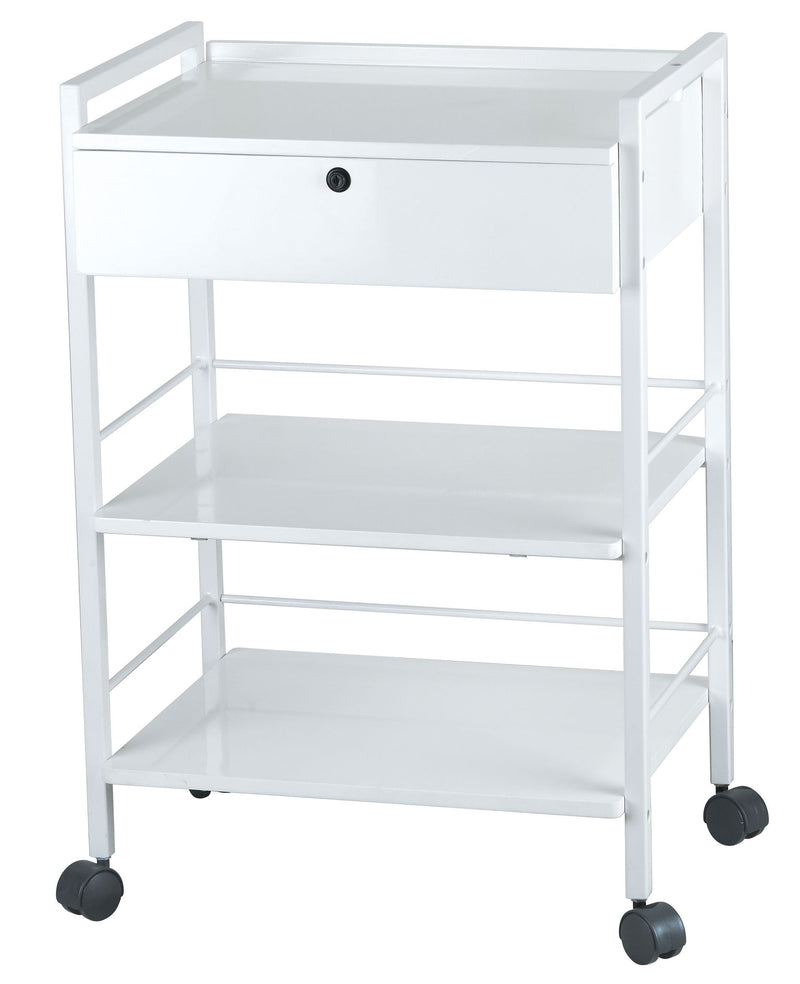 Silverfox America 1019A Beauty Trolley with 3 shelves and a locking drawer for salon storage.