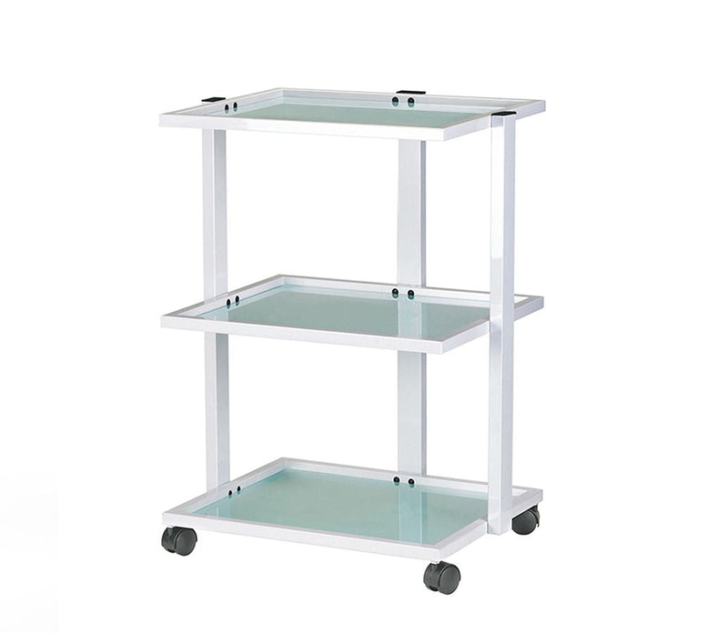 Silverfox America 1040 Beauty Trolley: three-tier glass/metal cart on wheels with white frame.