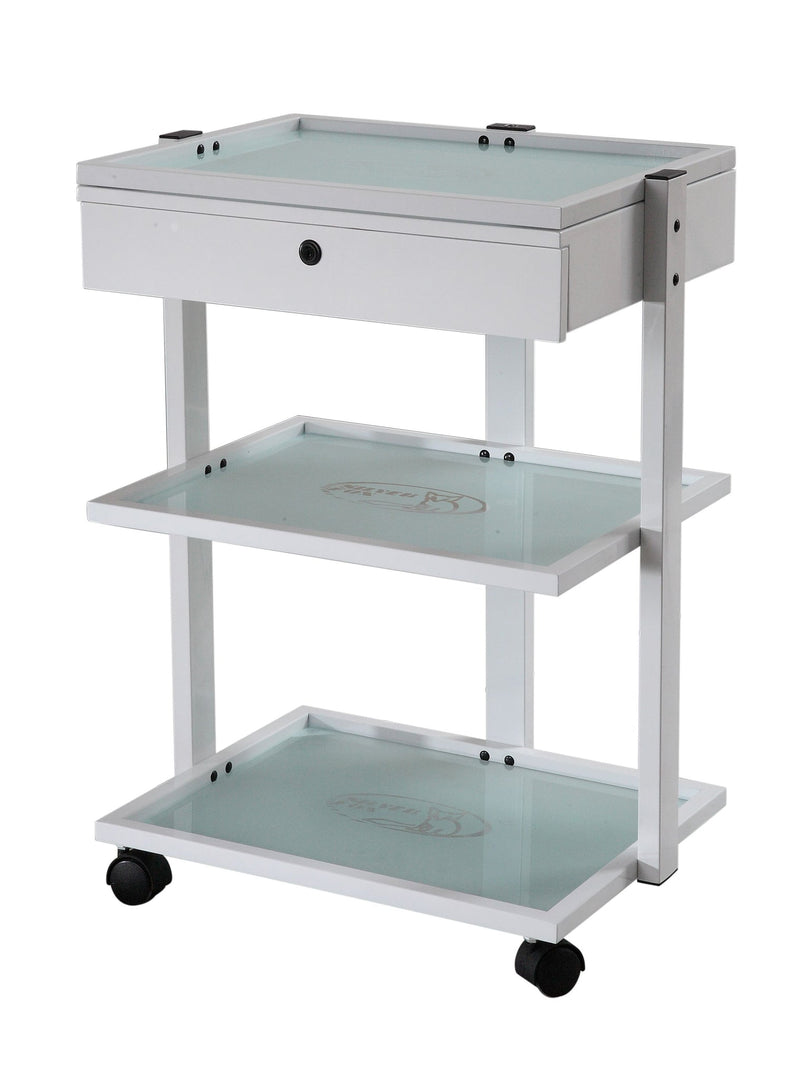 Silverfox America 1040A beauty trolley with 3 tiers, lockable drawer, and glass shelves.