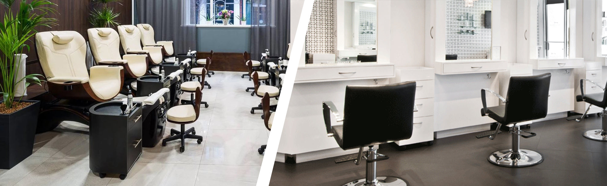 Salon interior with chairs and mirrors, divided by a white line.