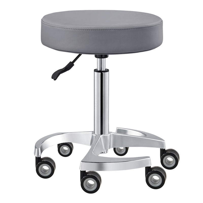 Serene Gray Stool DIR by DIR: round seat, metal base, five wheels—ideal for medical offices.