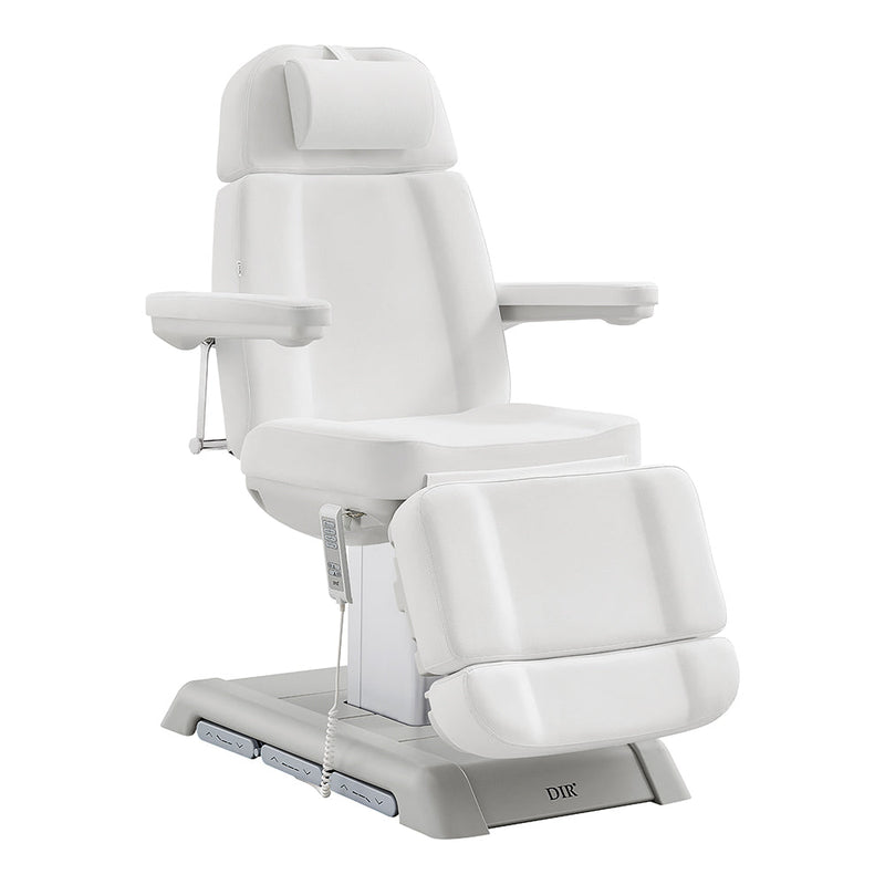 DIR Sydney Medical Chair–4 Motors, foot & hand remote, white, with armrests and leg rest.