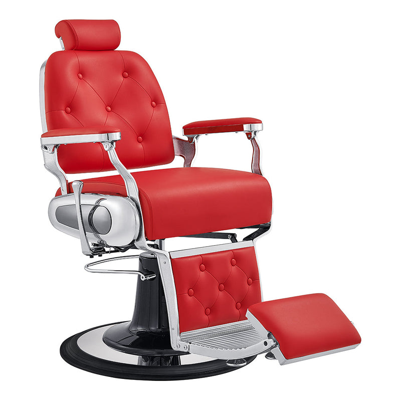 Red barber chair with chrome accents on a white background