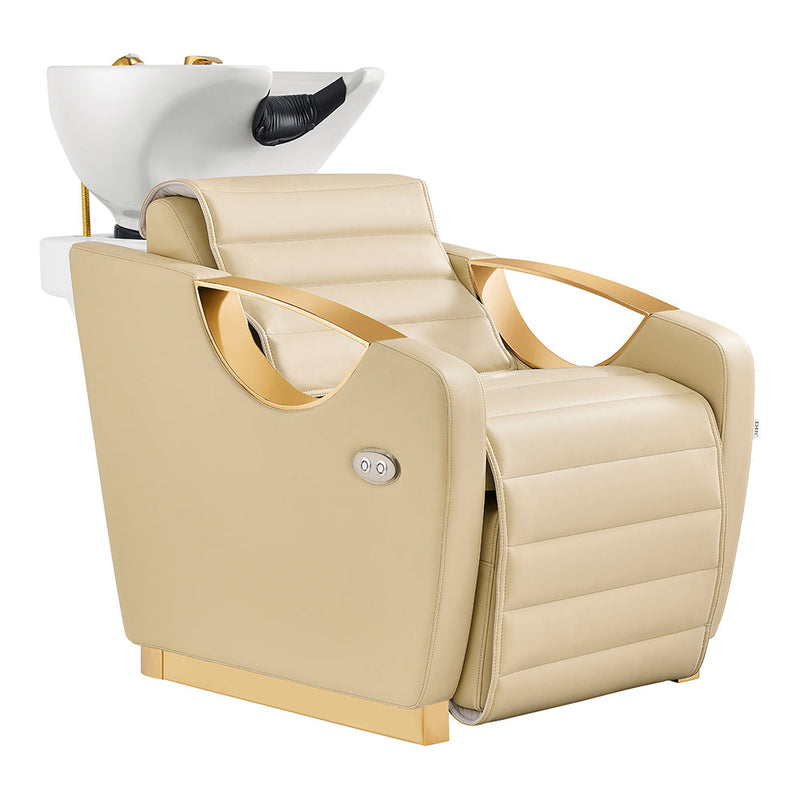 Victoria Gold Electric Shampoo Chair Beige with a white basin on a white background