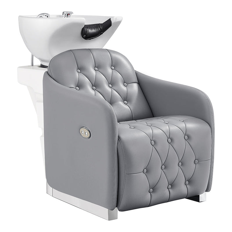 Gray Yume shampoo salon chair with a white basin on a white background