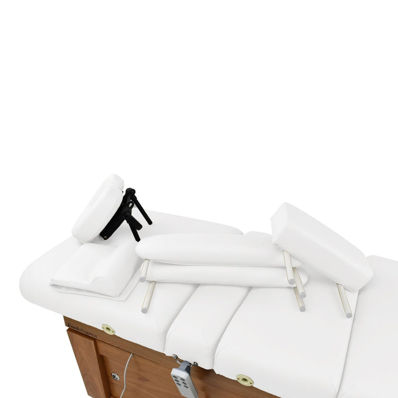 TouchAmerica High-End Accessory Package: White massage table with face rest and arm supports.