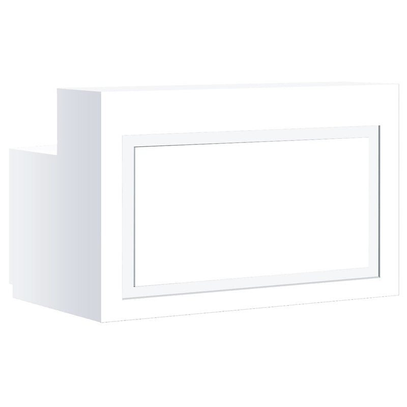 Lume Reception Desk in White by Whale Spa with LED lights and recessed glass front panel.