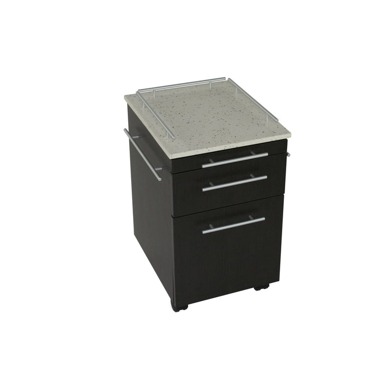 TouchAmerica Pedi-Cart with dark wood, two drawers, metal handles, and speckled top.
