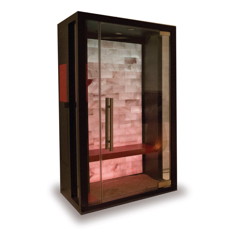 TouchAmerica Salt Capsule: rectangular glass & wood sauna with Himalayan salt brick wall, bench.