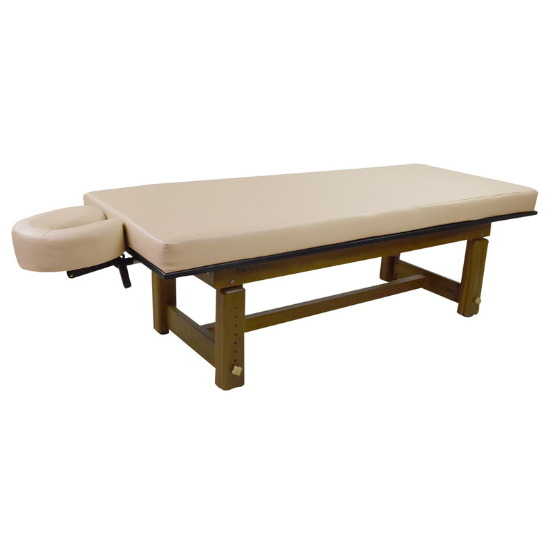 Solterra Teak Massage Table Almond by TouchAmerica, padded and adjustable with face cradle.