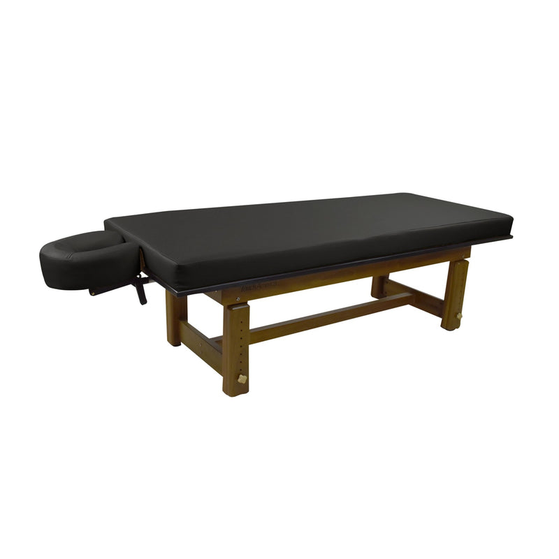 Solterra Teak Massage Table by TouchAmerica, black with wood legs and face cradle shown.