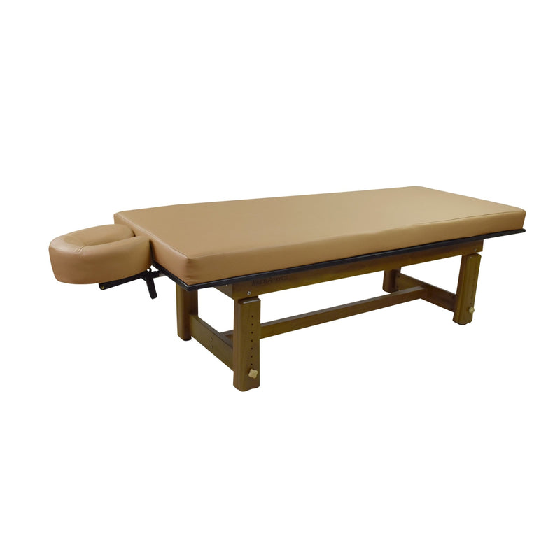 Solterra Teak Massage Table Camel by TouchAmerica with headrest, ideal for indoor or outdoor use.