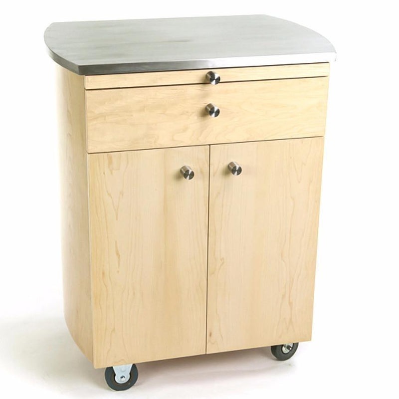 Timbale Maple Cart by TouchAmerica: maple cabinet, steel top, 2 drawers, doors, locking wheels.