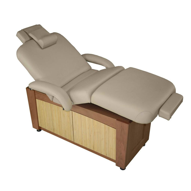 TouchAmerica Viola Powertilt 11650-07 spa table, beige, wood base, padded cushions, adjustable.